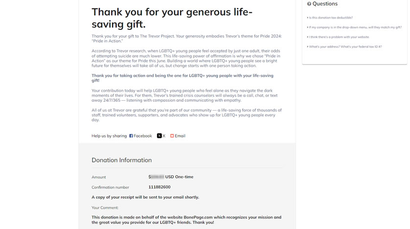 The Trevor Project donation receipt for BonePage.com