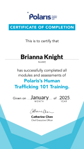 Brianna Knight human trafficking training certificate