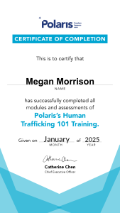 Megan Morrison human trafficking training certificate