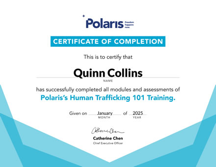 Human Trafficking 101 Course Certificate for Quinn Collins