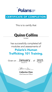 Quinn Collins human trafficking training certificate