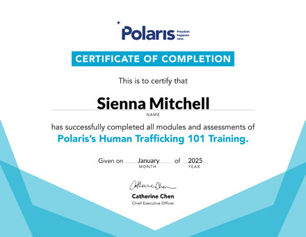 Human Trafficking 101 Course Certificate for Sienna Mitchell